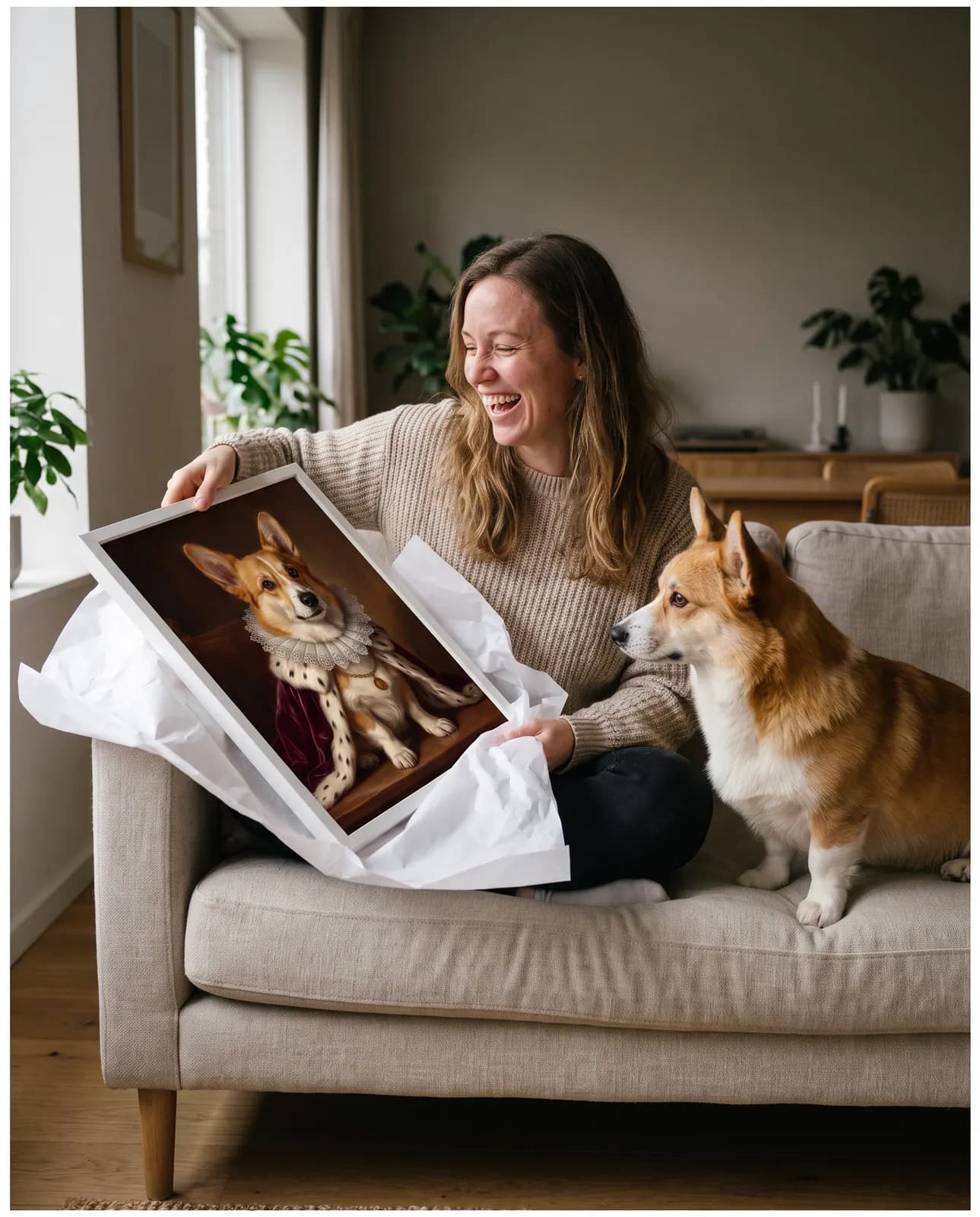 Someone laughing as they unwrap a Renaissance-style portrait of a corgi, the corgi beside them