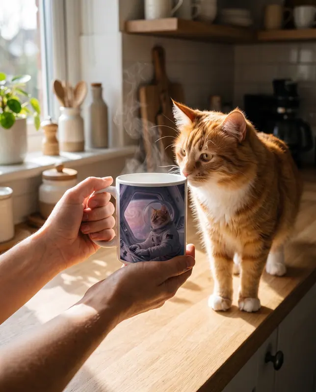 A mug printed with a portrait of a tabby cat, the cat nearby