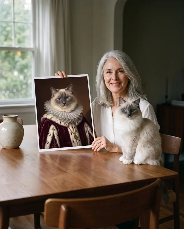 A woman holding a Renaissance-style print of her ragdoll cat, the cat sitting beside her