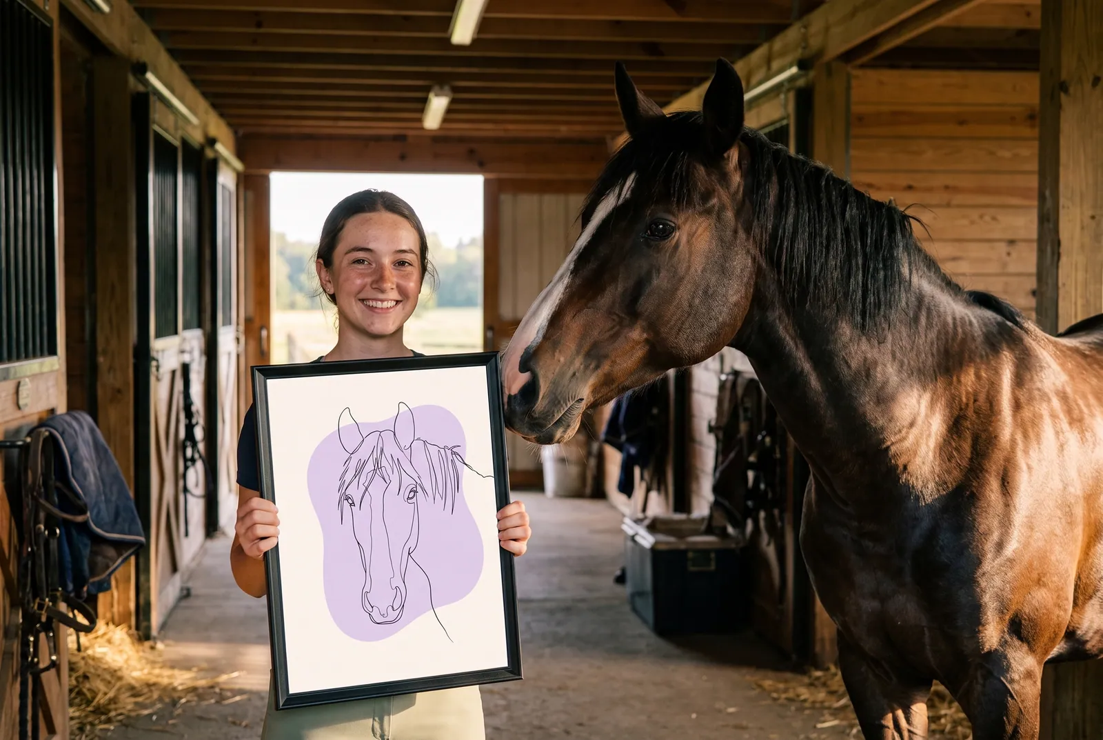 A portrait print of a horse shown in a stable, the horse beside it
