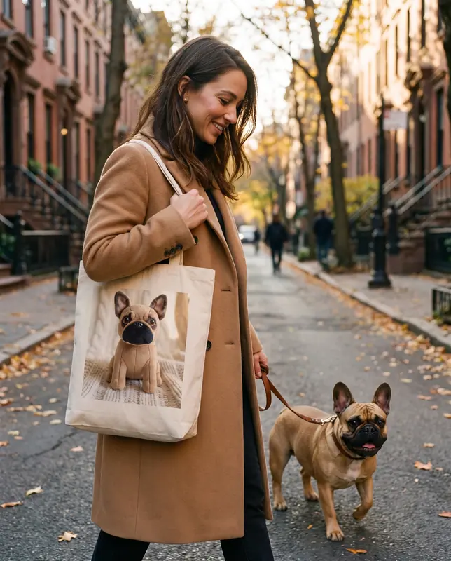 A tote bag printed with a French bulldog portrait