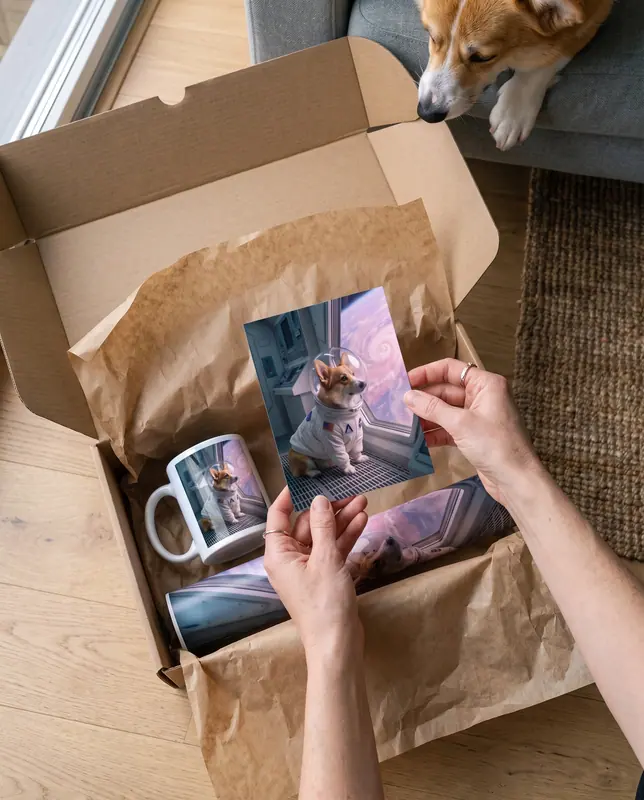 Hands lifting an astronaut corgi print out of a box with a matching mug and poster